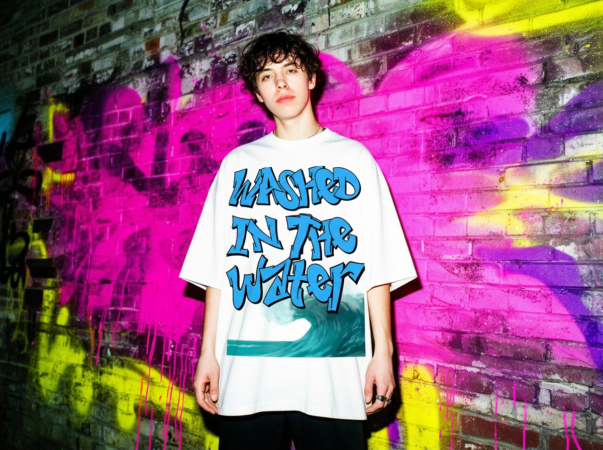 Model in graffiti-walled alley wearing graphic tee